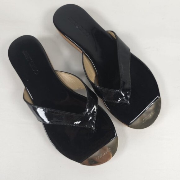 JIMMY CHOO Black Pence PATENT LEATHER Cork Thong MADE IN SPAIN 🇪🇸 Sandal 36 - Picture 1 of 12
